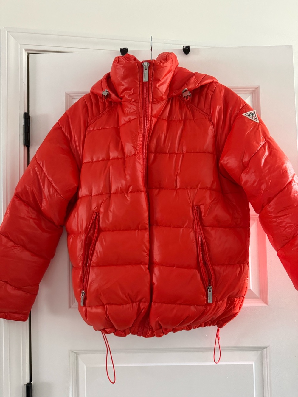 Guess Bright Red Quilted Puffer Ski Jacket with Hood